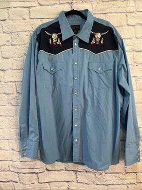 High Noon Western Cowboy Button Down Shirt Pearl Buttons Steer Size 2XL Blue